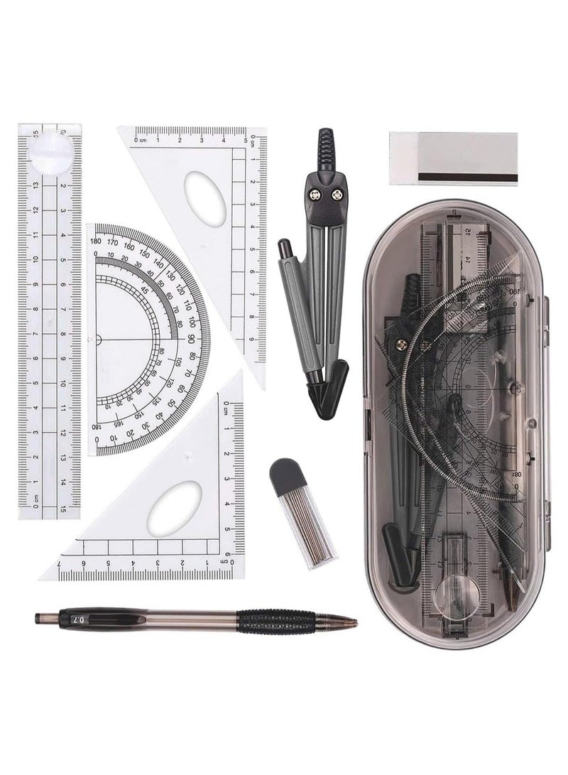 Deli Swing Arm Protractor, Divider, Set Squares, Ruler, ruler  Math Geometry Kit Set 8 Pieces Student Supplies with Shatterproof Storage Box - Image 1